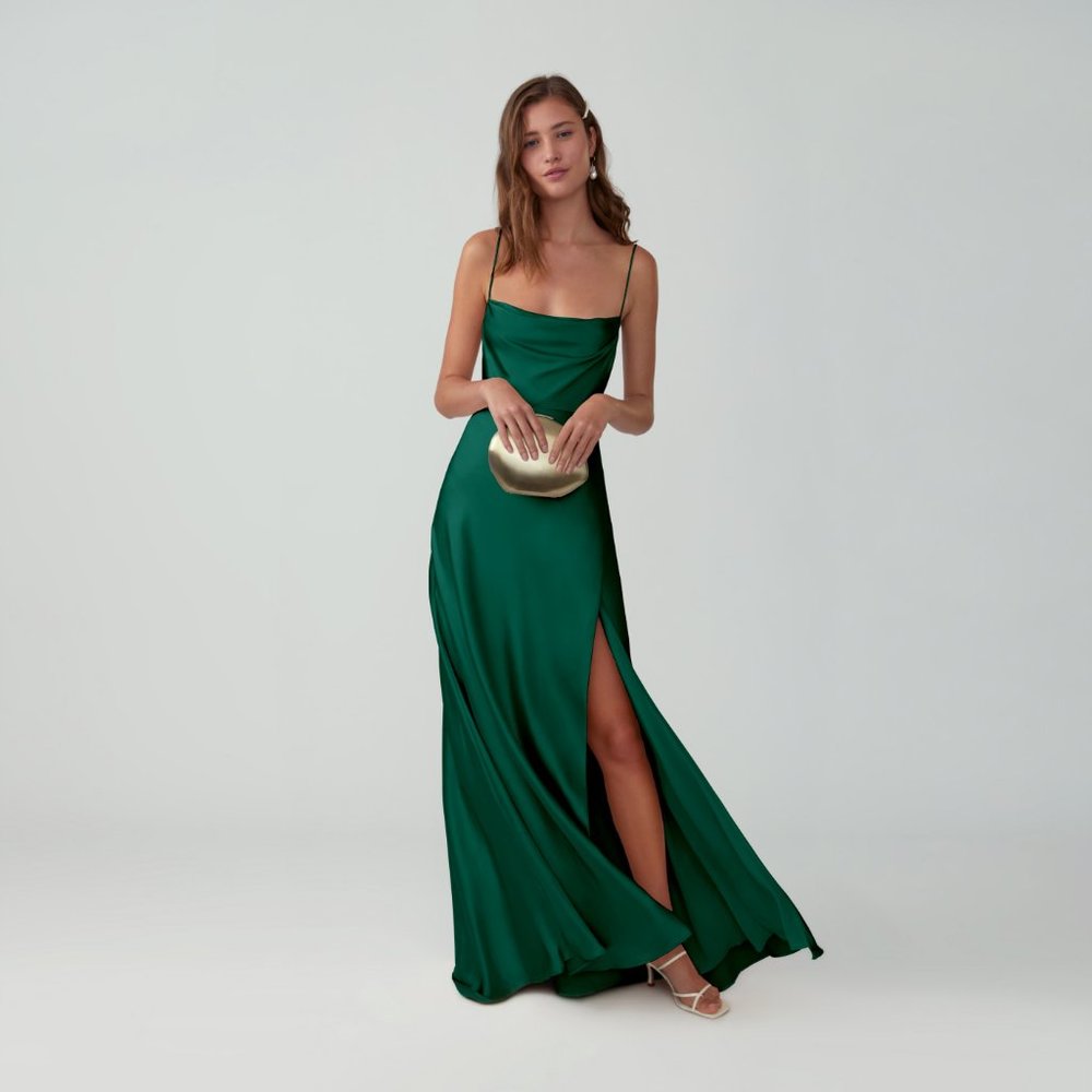 Draped emerald green gown with side slit from Fame and Partners, never worn